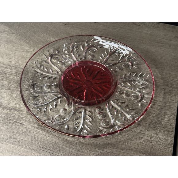 Vintage Cranberry Cut Glass Platter 3 Divided Sections 11.5” - Picture 3 of 7